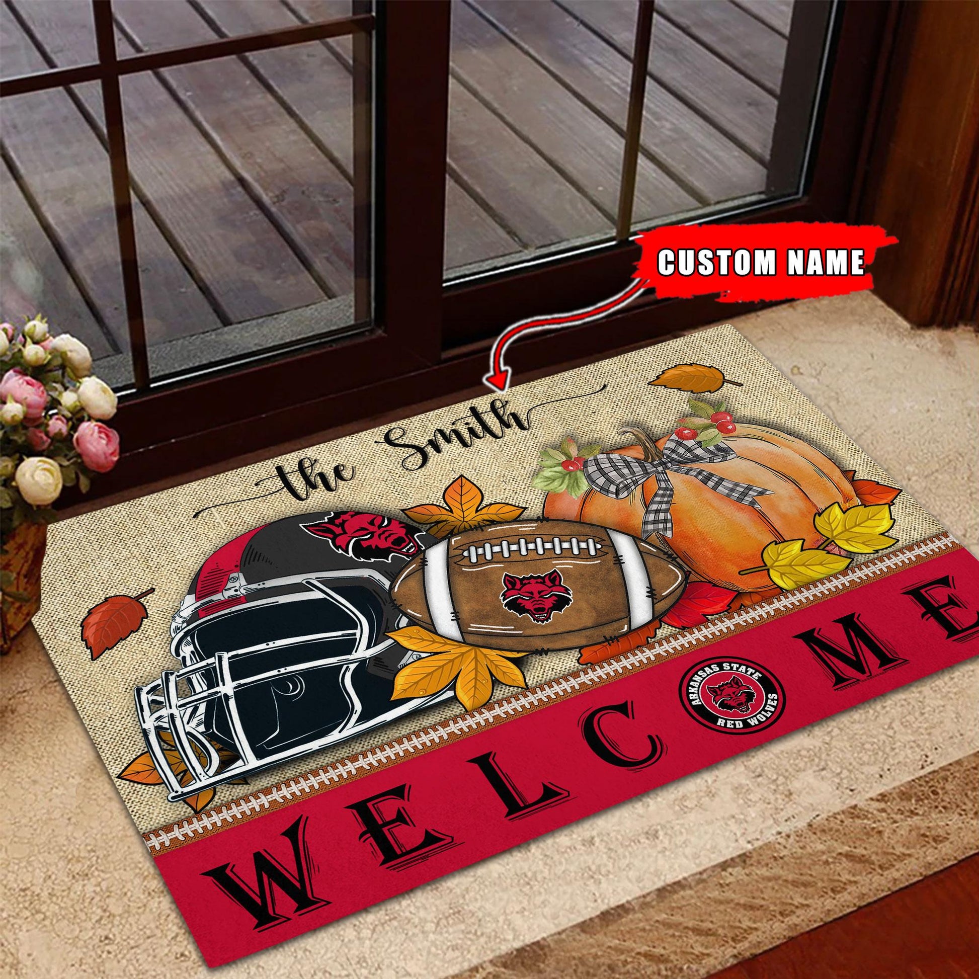 NCAA41-Arkansas State Red Wolves Welcome Fall Football Doormat - Custom name