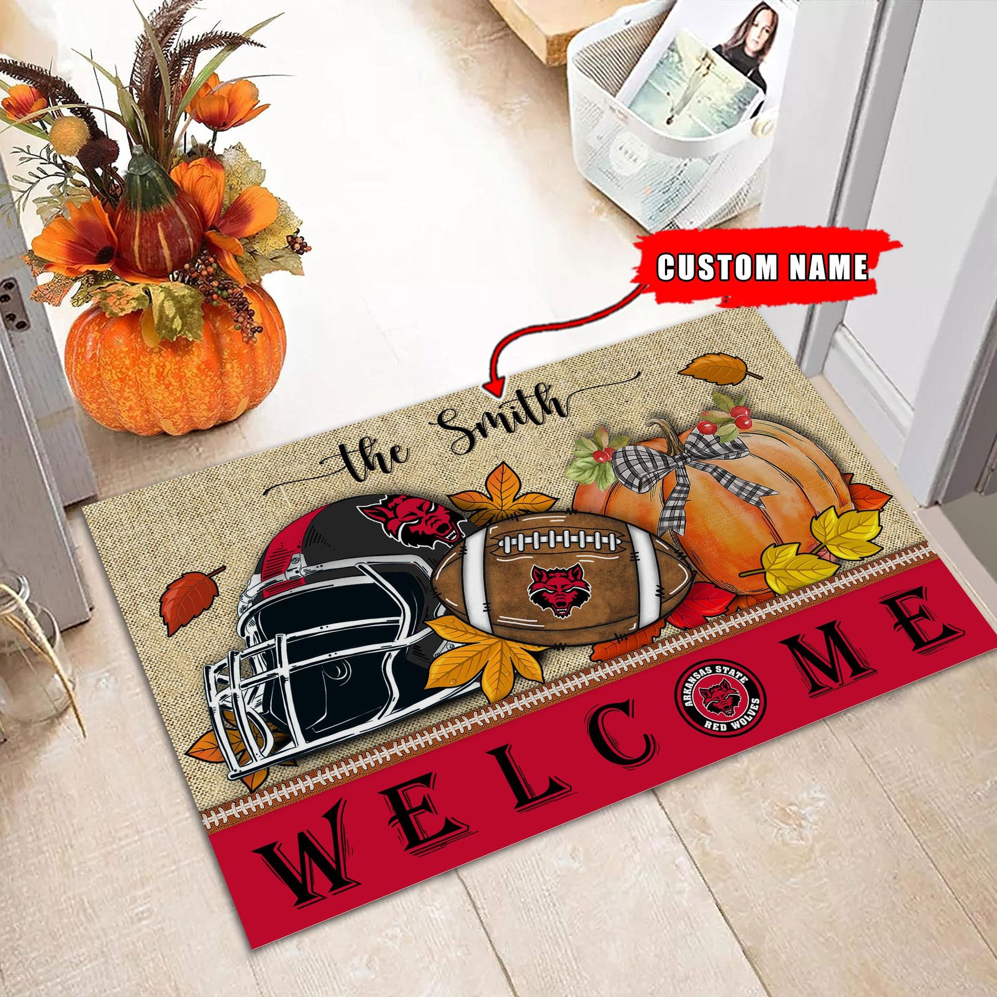 NCAA41-Arkansas State Red Wolves Welcome Fall Football Doormat - Custom name