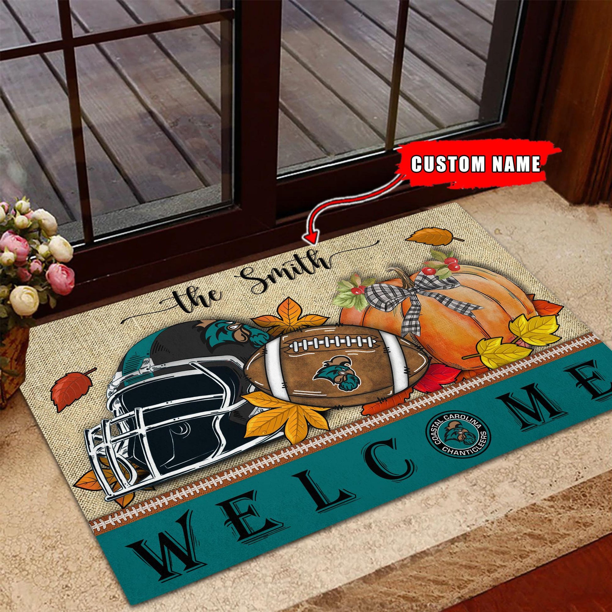 NCAA46-Coastal Carolina Chanticleers Welcome Fall Football Doormat - Custom name