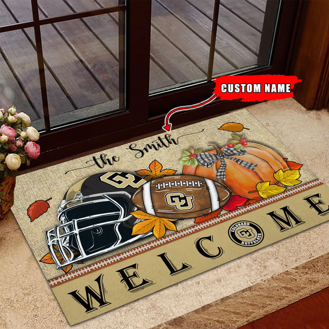 NCAA47-Colorado Buffaloes Welcome Fall Football Doormat - Custom name