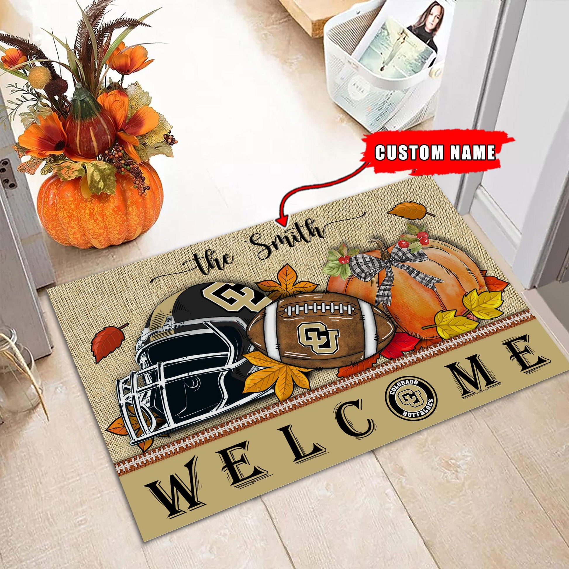 NCAA47-Colorado Buffaloes Welcome Fall Football Doormat - Custom name