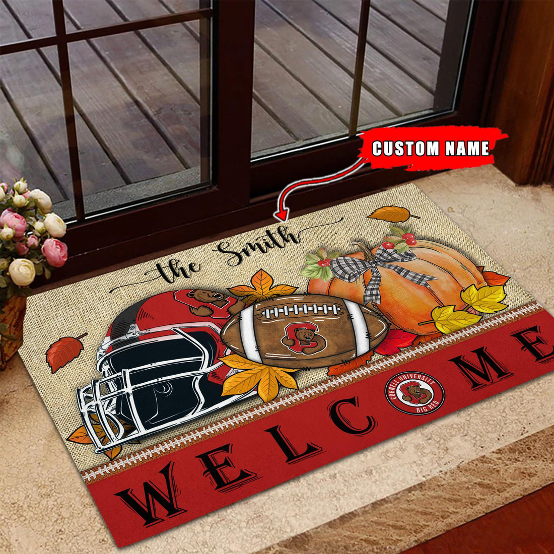 NCAA49-Cornell Big Red Welcome Fall Football Doormat - Custom name