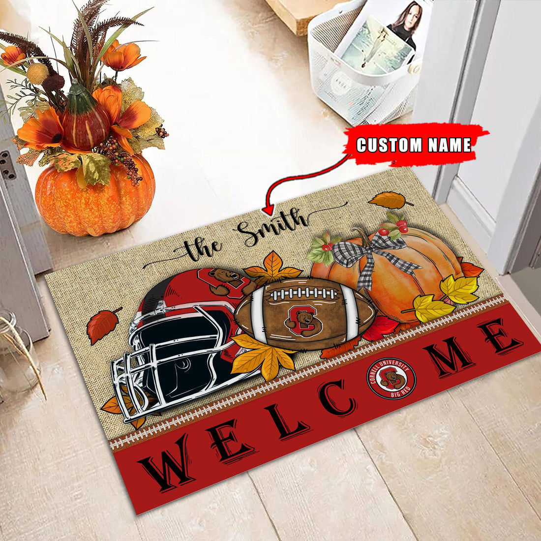 NCAA49-Cornell Big Red Welcome Fall Football Doormat - Custom name