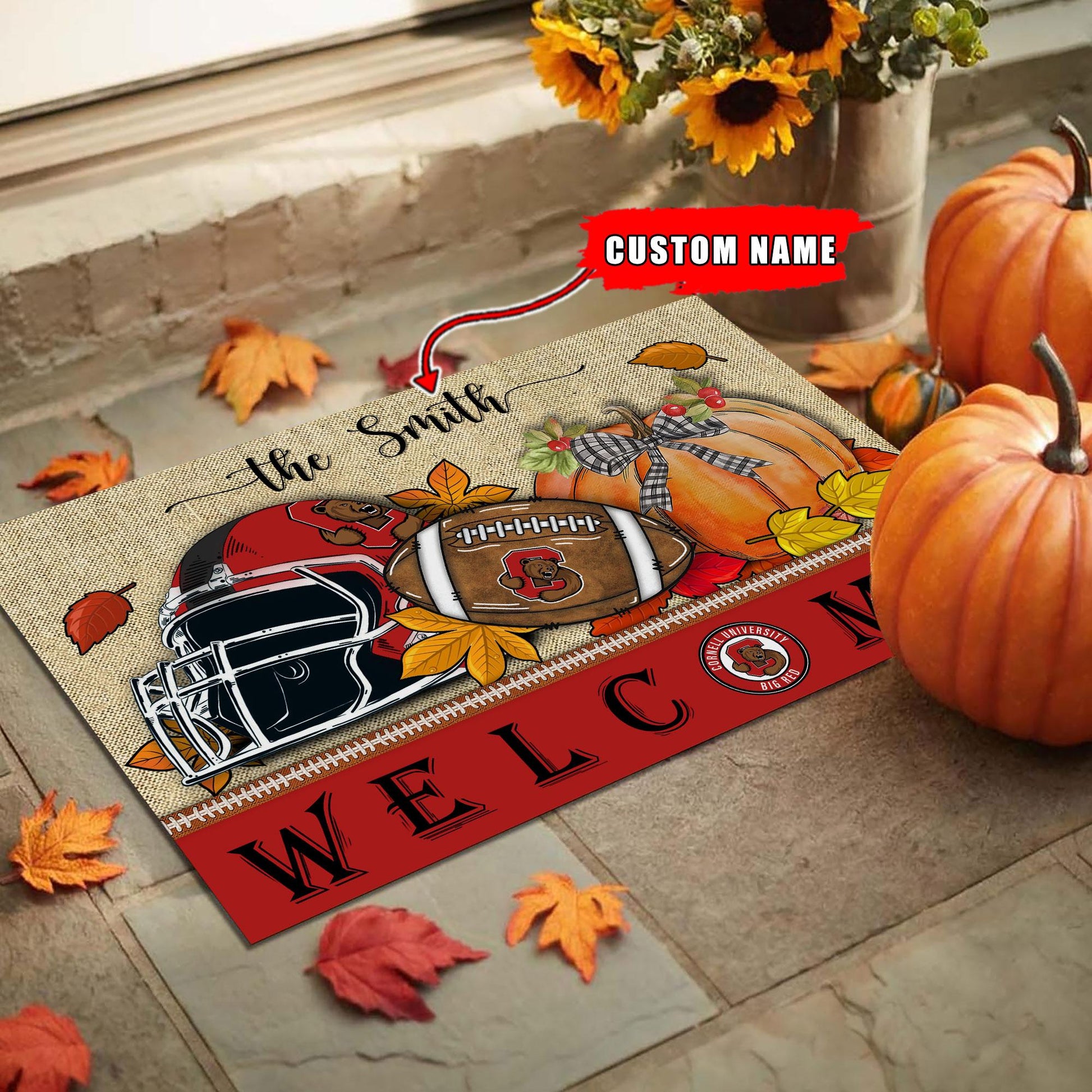NCAA49-Cornell Big Red Welcome Fall Football Doormat - Custom name