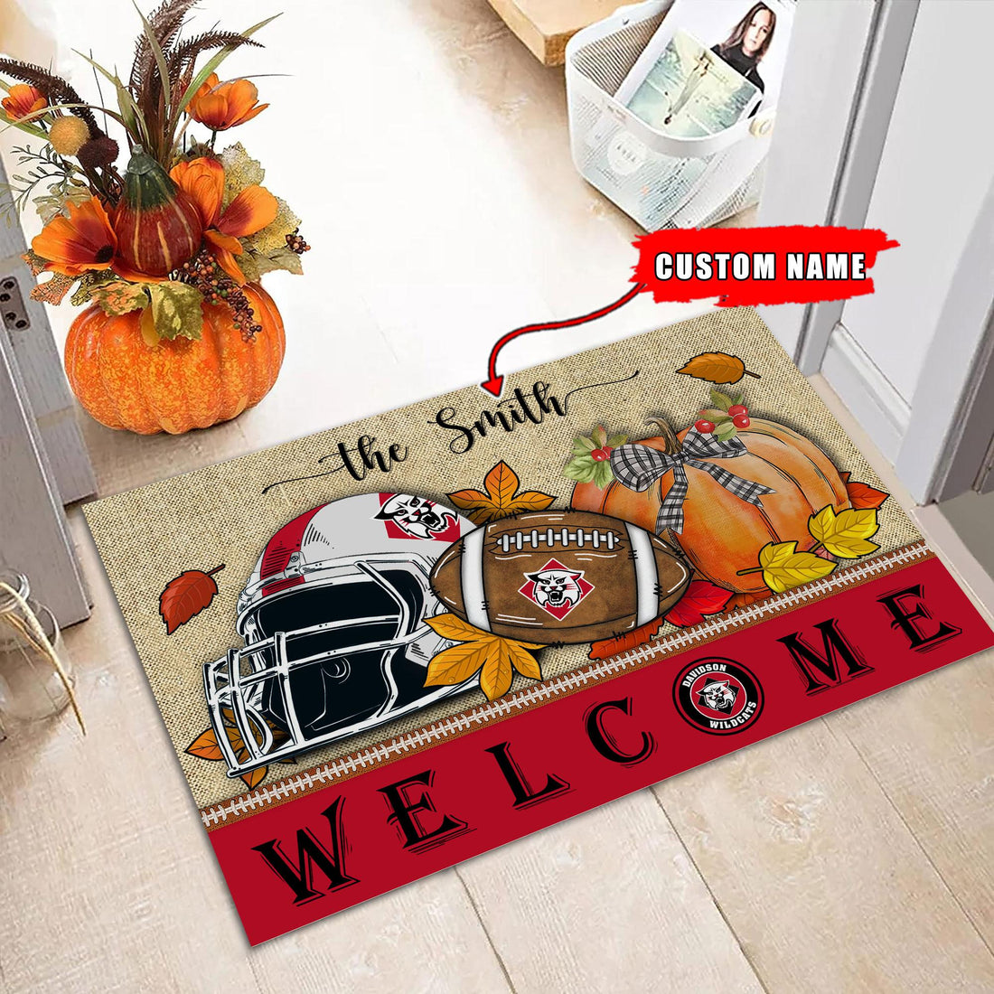 NCAA50-Davidson Wildcats Welcome Fall Football Doormat - Custom name