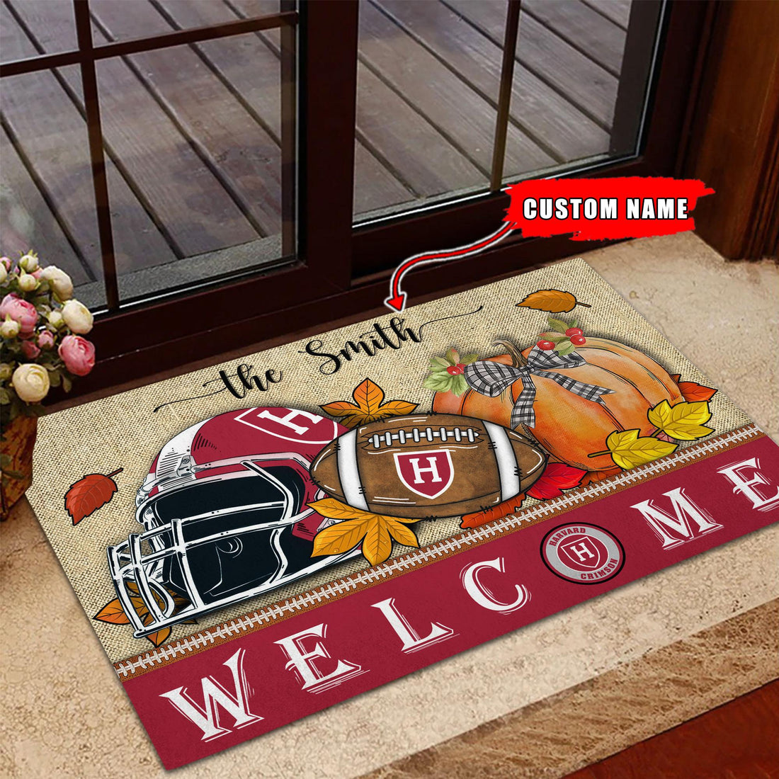 NCAA51-Harvard Crimson Welcome Fall Football Doormat - Custom name