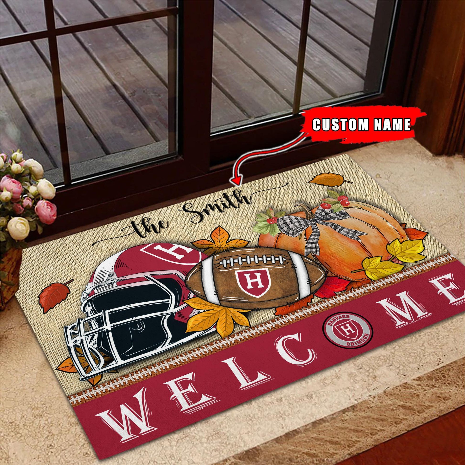 NCAA51-Harvard Crimson Welcome Fall Football Doormat - Custom name