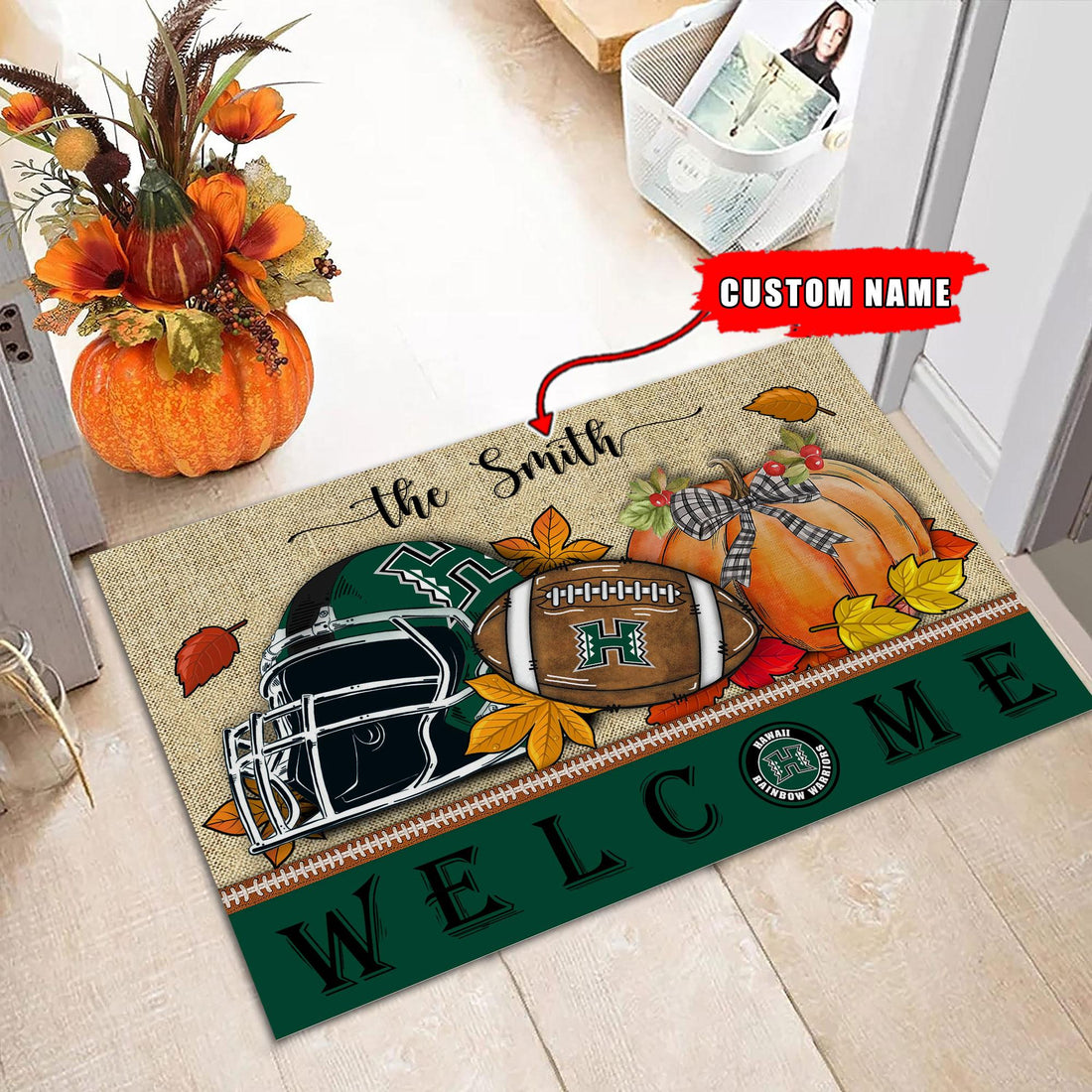 NCAA52-Hawaii Rainbow Warriors Welcome Fall Football Doormat - Custom name