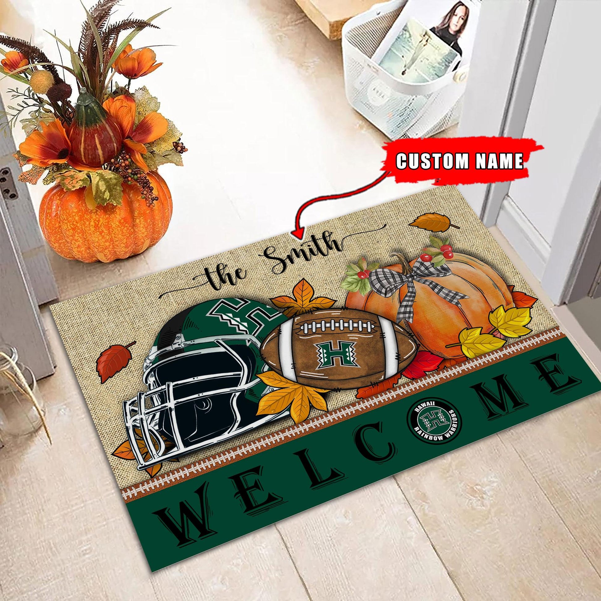 NCAA52-Hawaii Rainbow Warriors Welcome Fall Football Doormat - Custom name