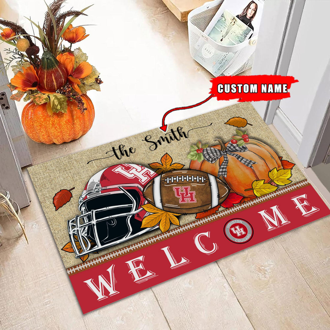NCAA53-Houston Cougars Welcome Fall Football Doormat - Custom name