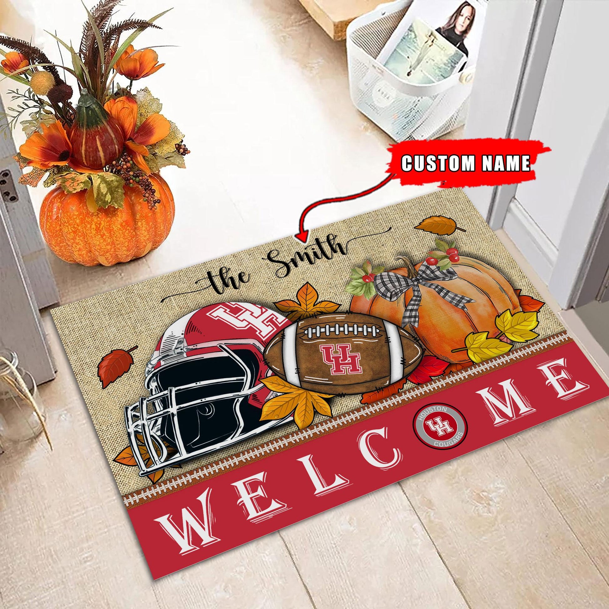NCAA53-Houston Cougars Welcome Fall Football Doormat - Custom name