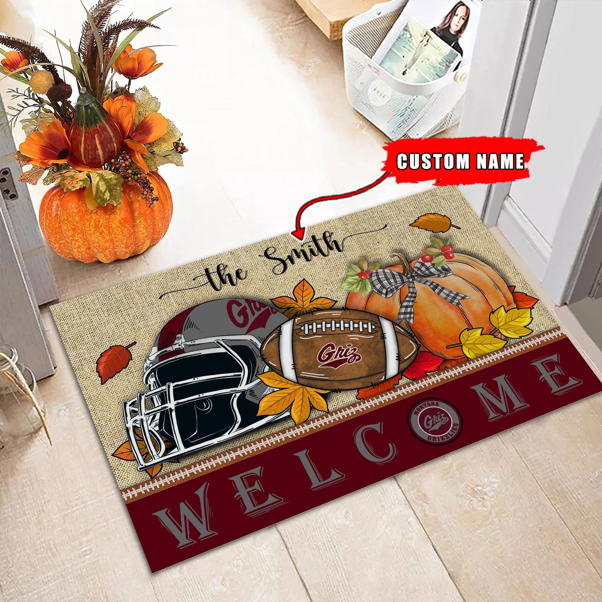 NCAA58-Montana Grizzlies Welcome Fall Football Doormat - Custom name