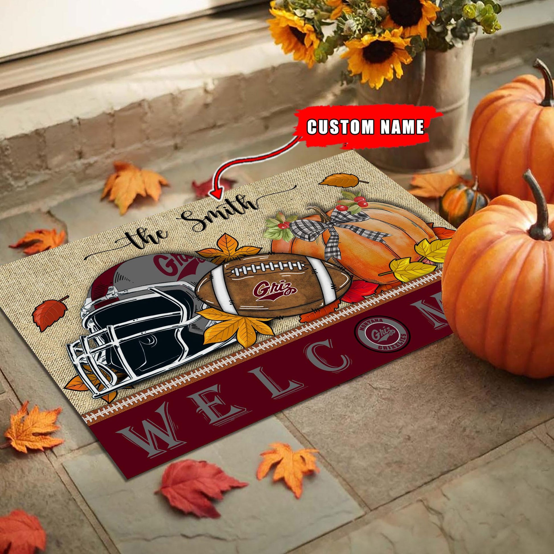 NCAA58-Montana Grizzlies Welcome Fall Football Doormat - Custom name