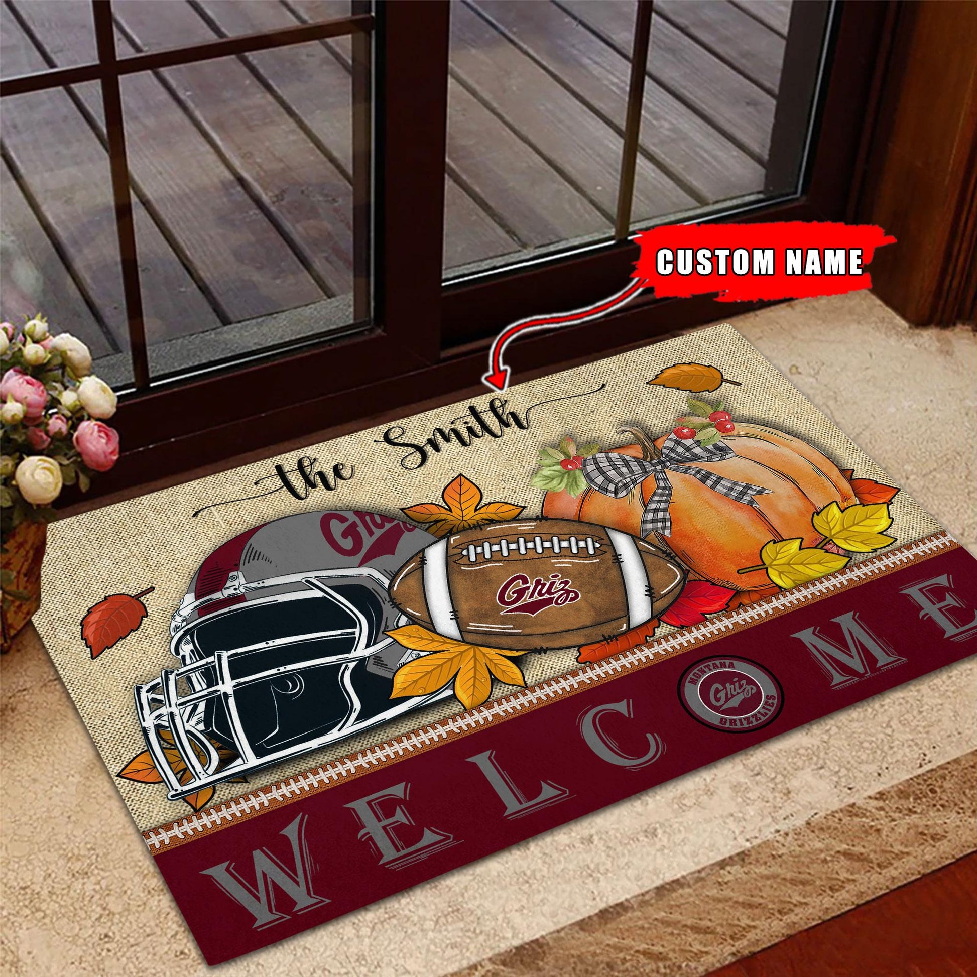 NCAA58-Montana Grizzlies Welcome Fall Football Doormat - Custom name