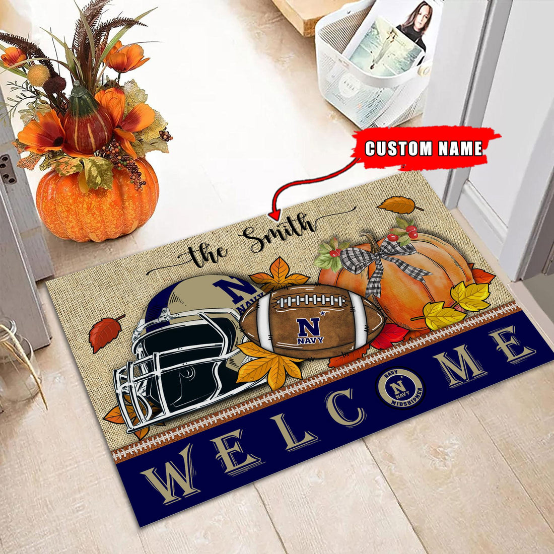 NCAA59-Navy Midshipmen Welcome Fall Football Doormat - Custom name