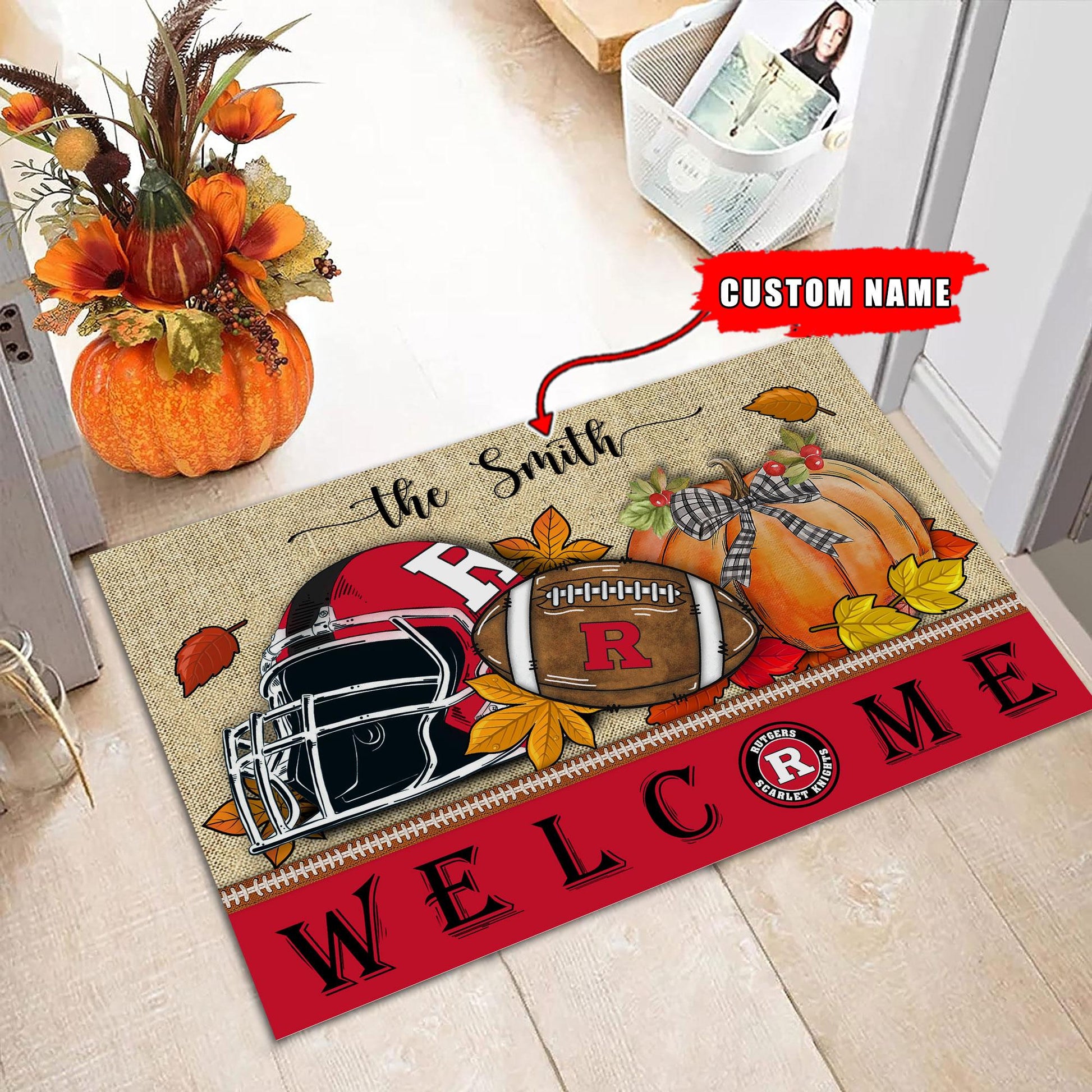 NCAA62-Rutgers Scarlet Knights Welcome Fall Football Doormat - Custom name