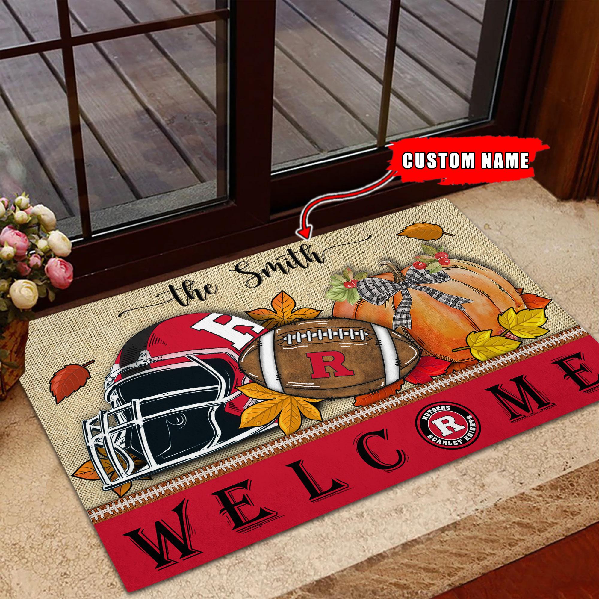 NCAA62-Rutgers Scarlet Knights Welcome Fall Football Doormat - Custom name