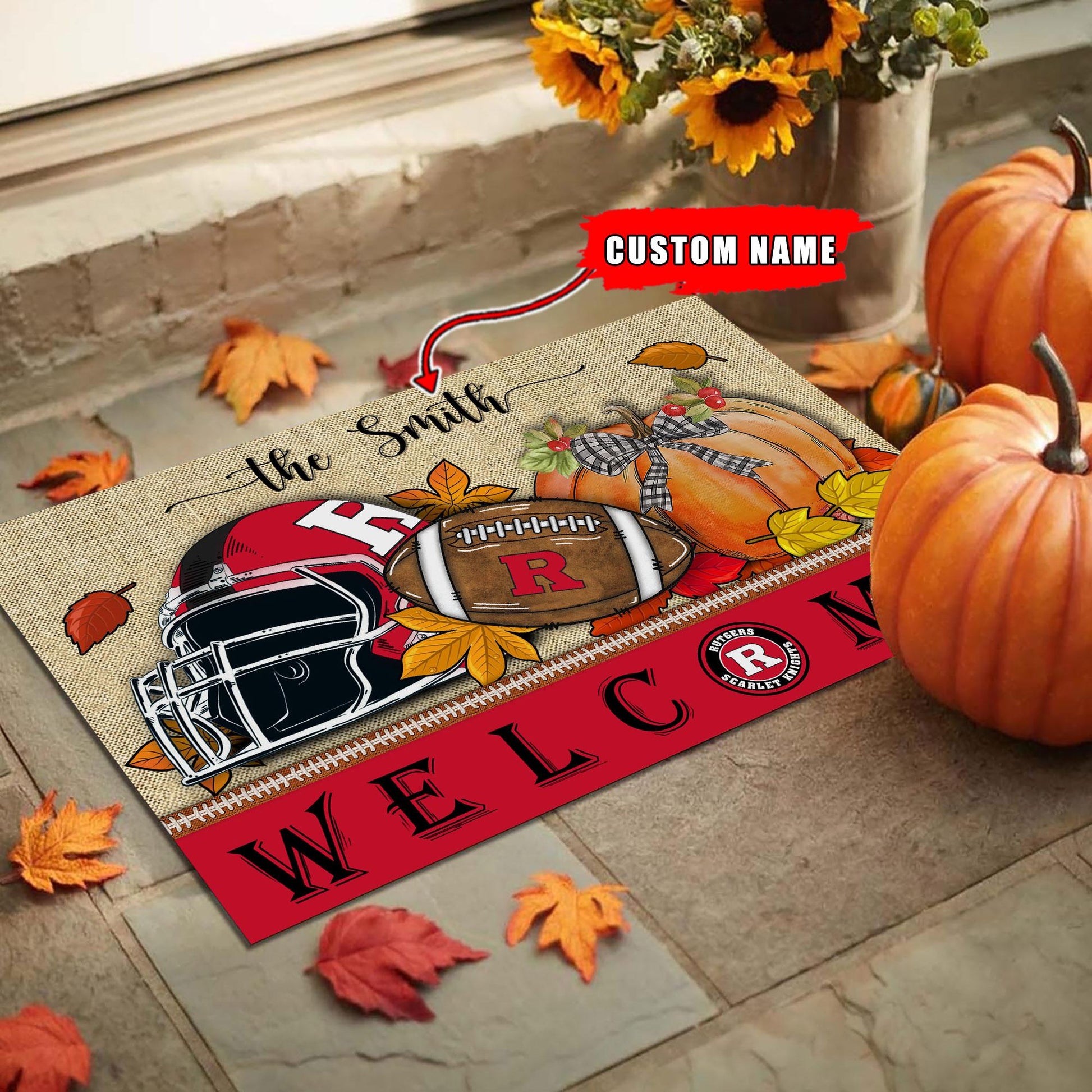 NCAA62-Rutgers Scarlet Knights Welcome Fall Football Doormat - Custom name