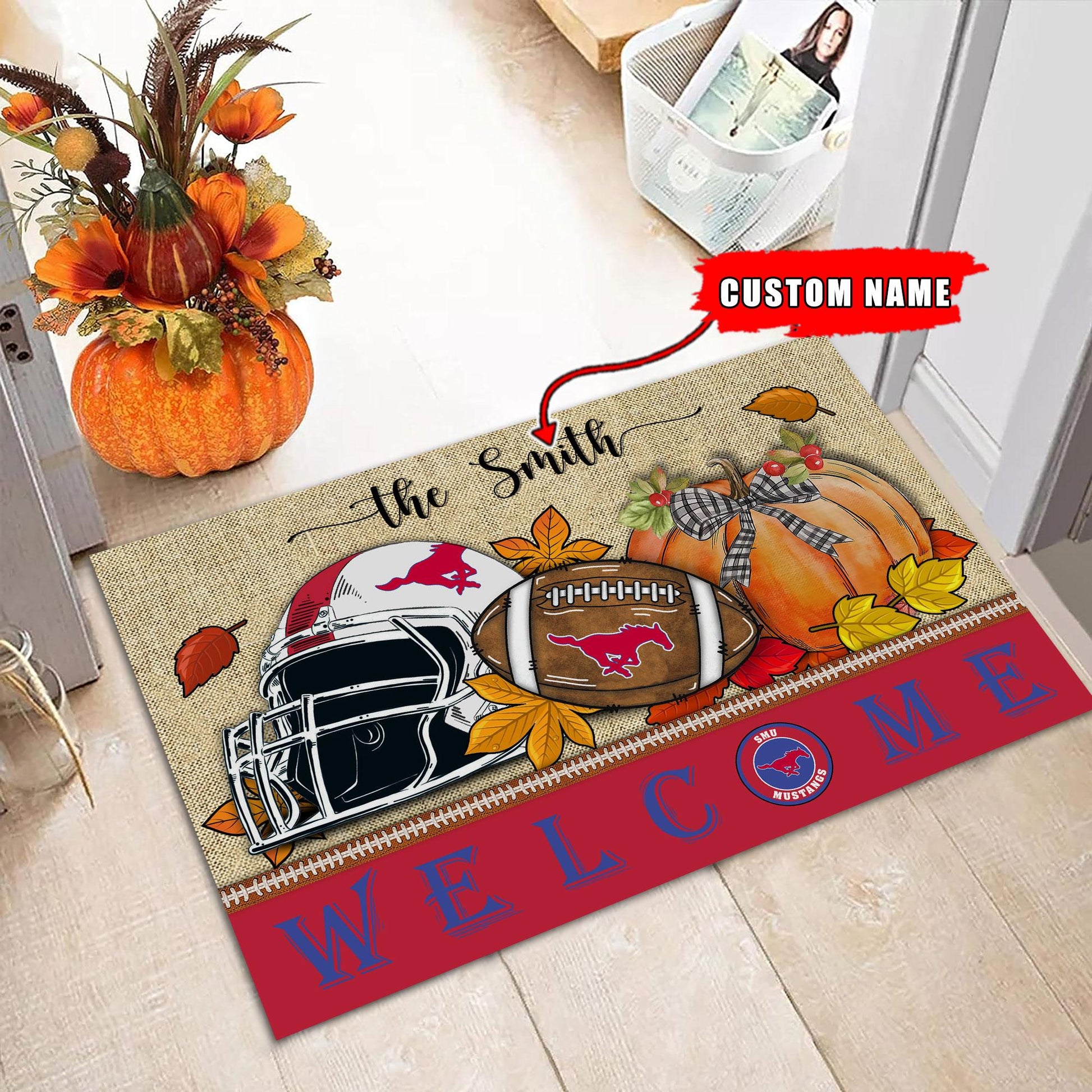 NCAA64-SMU Mustangs Welcome Fall Football Doormat - Custom name