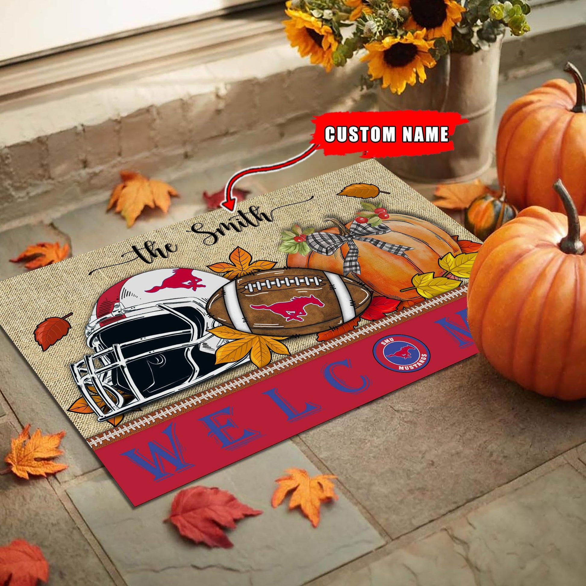 NCAA64-SMU Mustangs Welcome Fall Football Doormat - Custom name