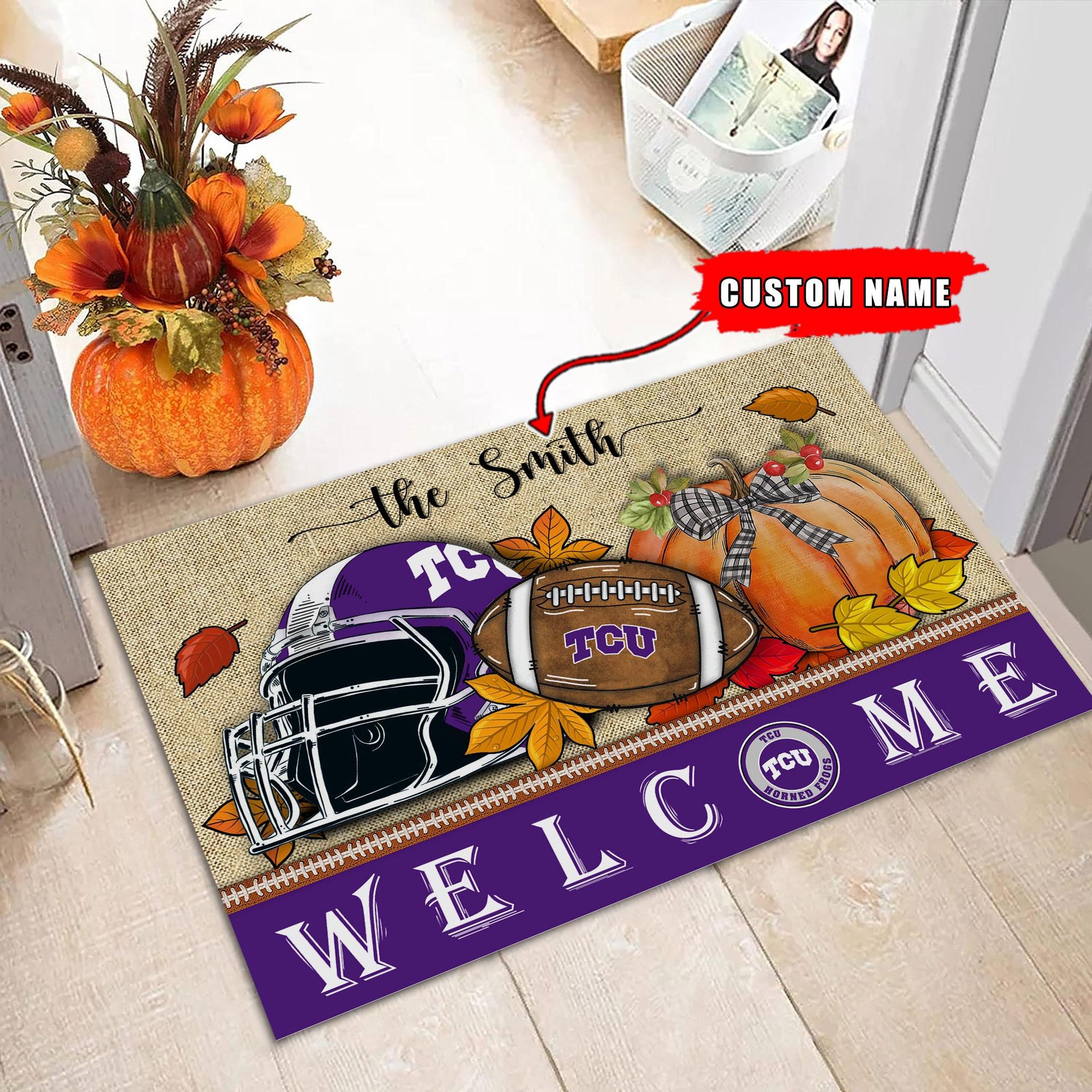 NCAA67-TCU Horned Frogs Welcome Fall Football Doormat - Custom name