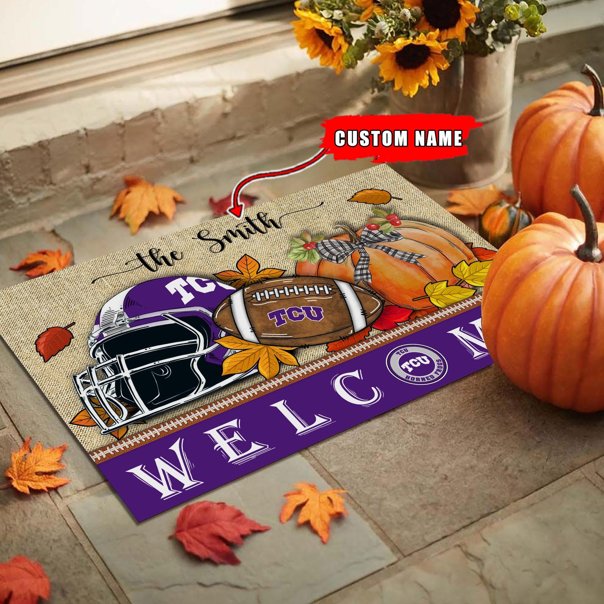 NCAA67-TCU Horned Frogs Welcome Fall Football Doormat - Custom name
