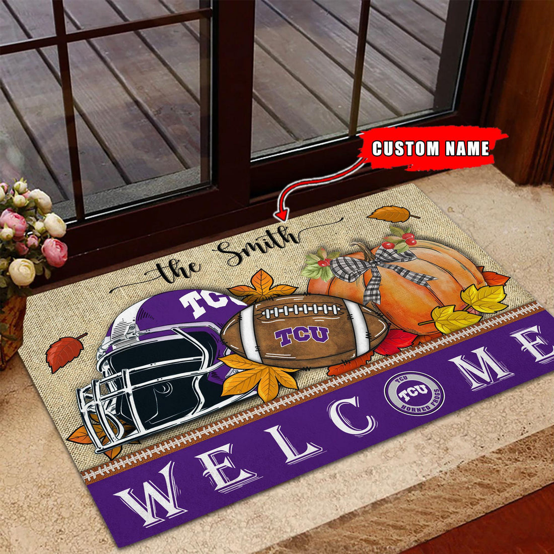 NCAA67-TCU Horned Frogs Welcome Fall Football Doormat - Custom name