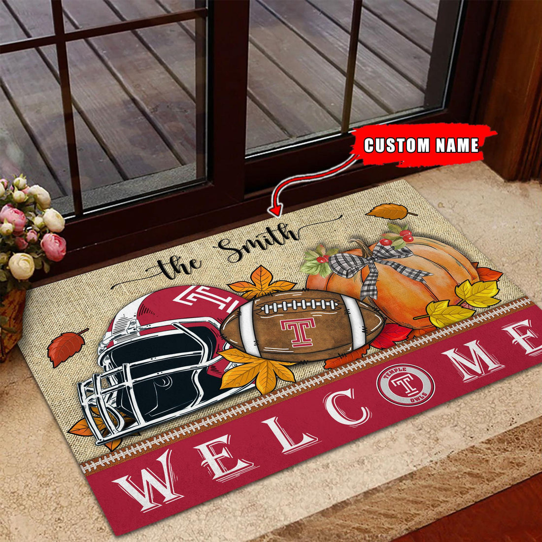 NCAA68-Temple Owls Welcome Fall Football Doormat - Custom name