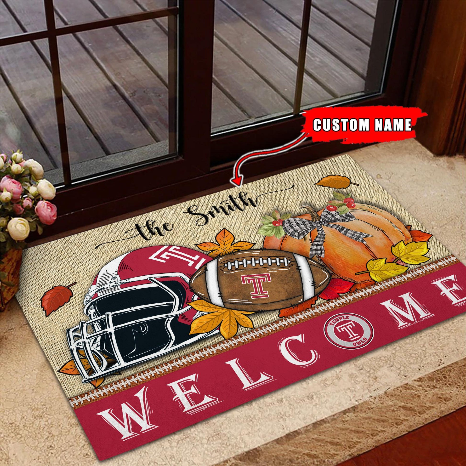 NCAA68-Temple Owls Welcome Fall Football Doormat - Custom name