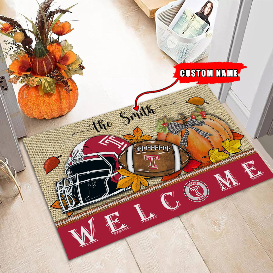 NCAA68-Temple Owls Welcome Fall Football Doormat - Custom name