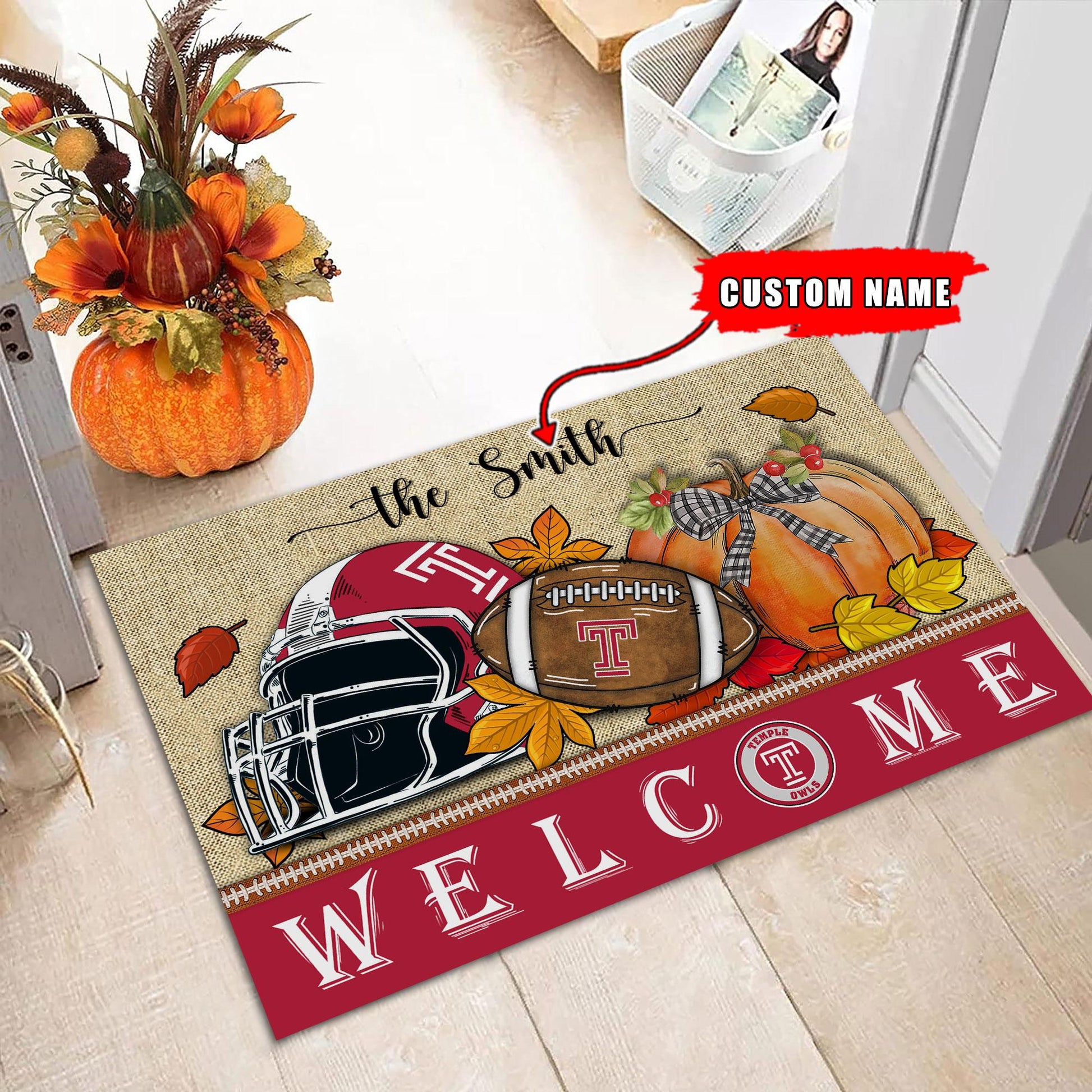 NCAA68-Temple Owls Welcome Fall Football Doormat - Custom name