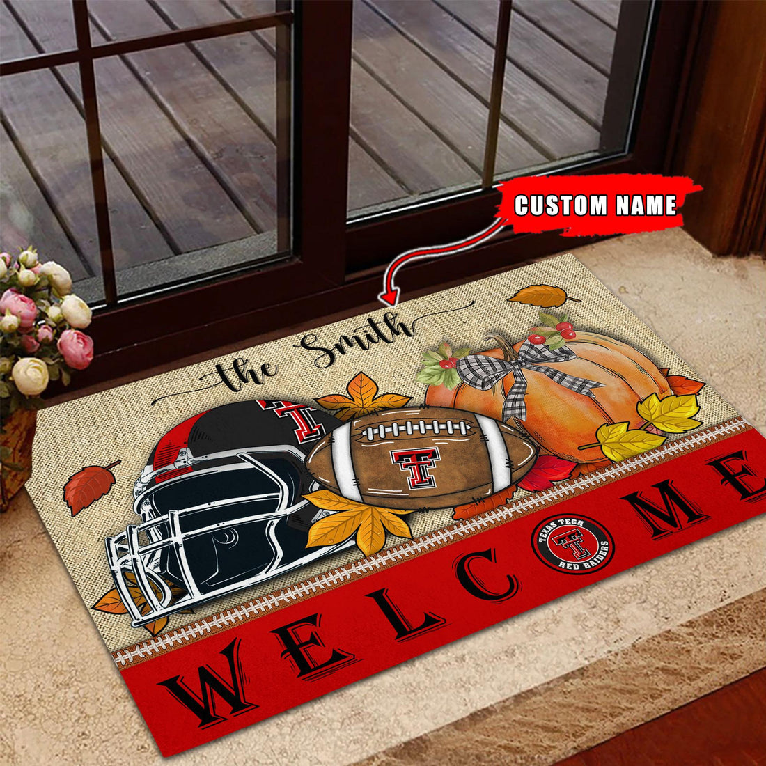 NCAA69-Texas Tech Red Raiders Welcome Fall Football Doormat - Custom name