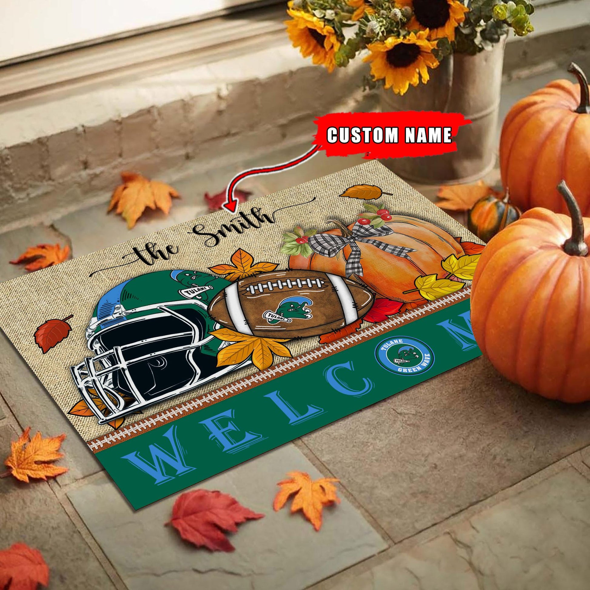 NCAA70-Tulane Green Wave Welcome Fall Football Doormat - Custom name