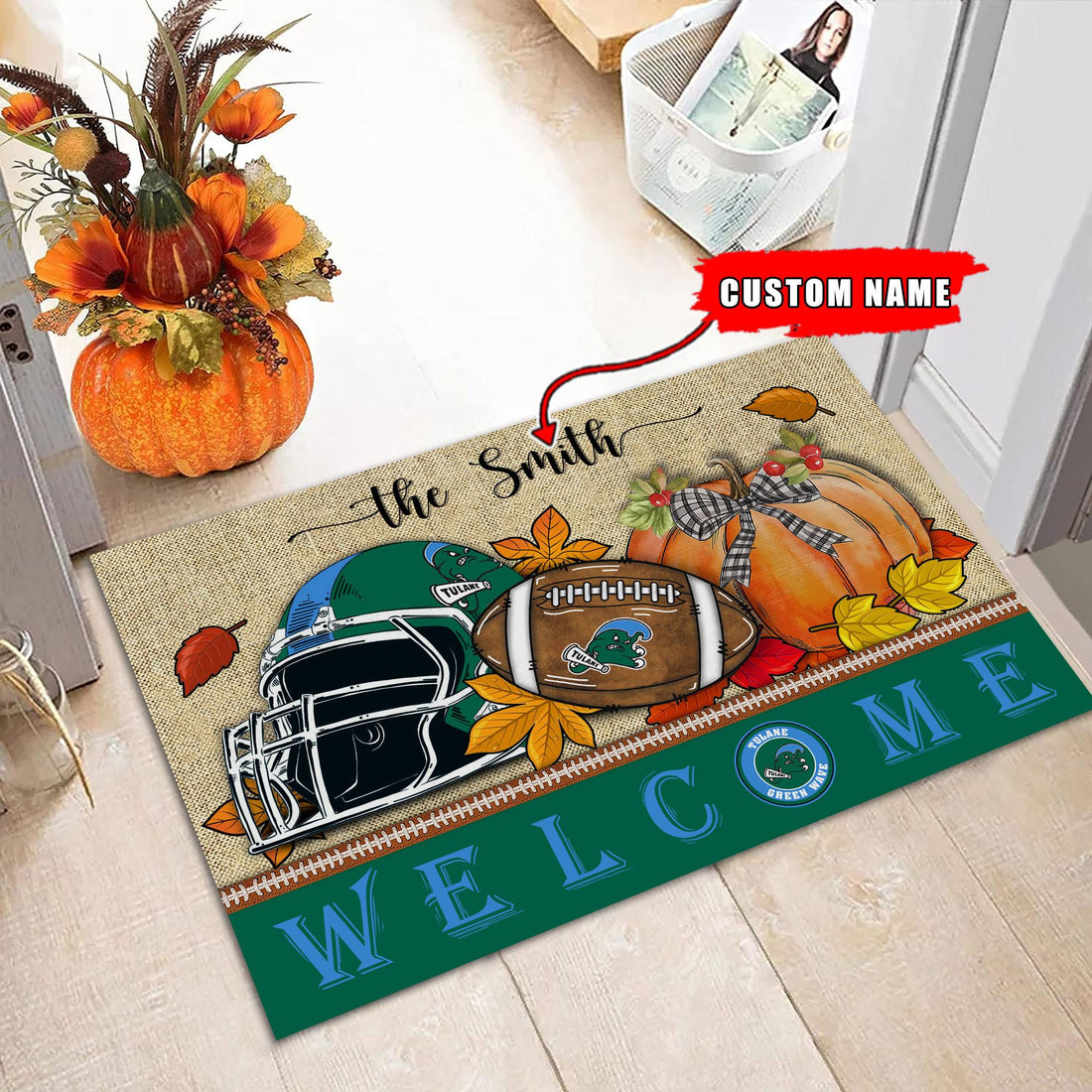 NCAA70-Tulane Green Wave Welcome Fall Football Doormat - Custom name