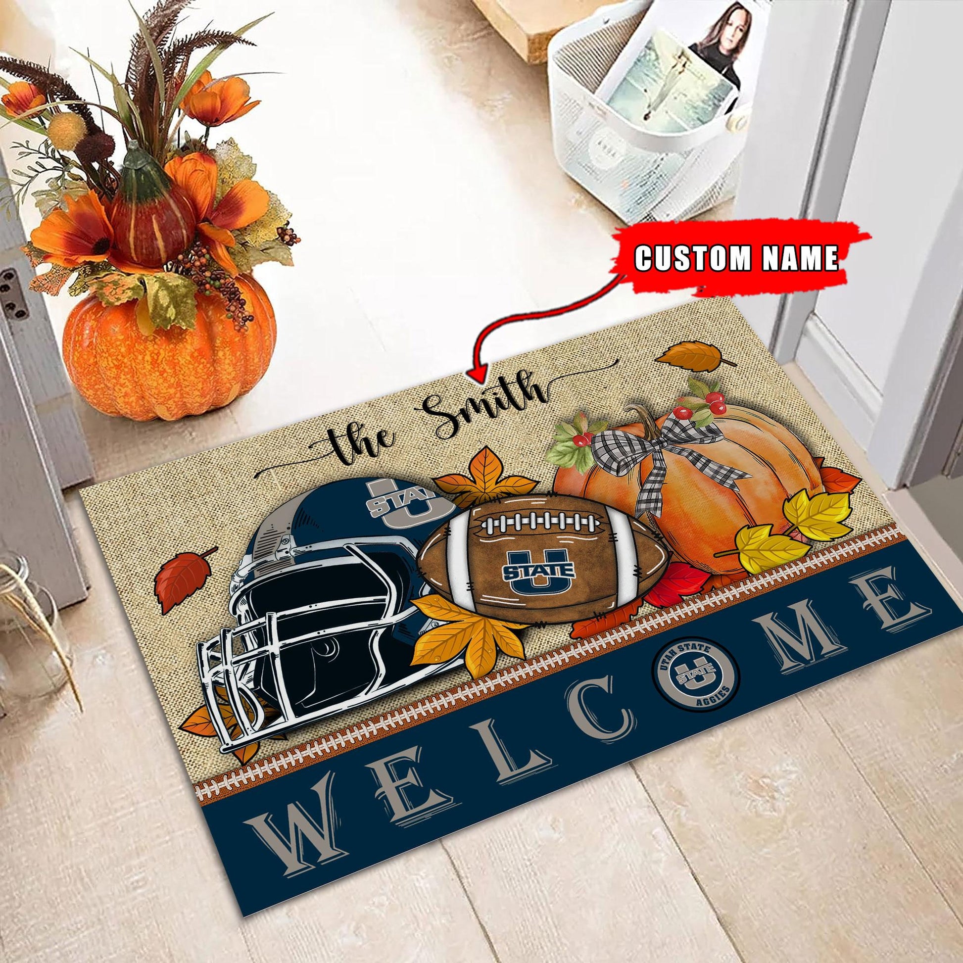 NCAA72-Utah State Aggies Welcome Fall Football Doormat - Custom name