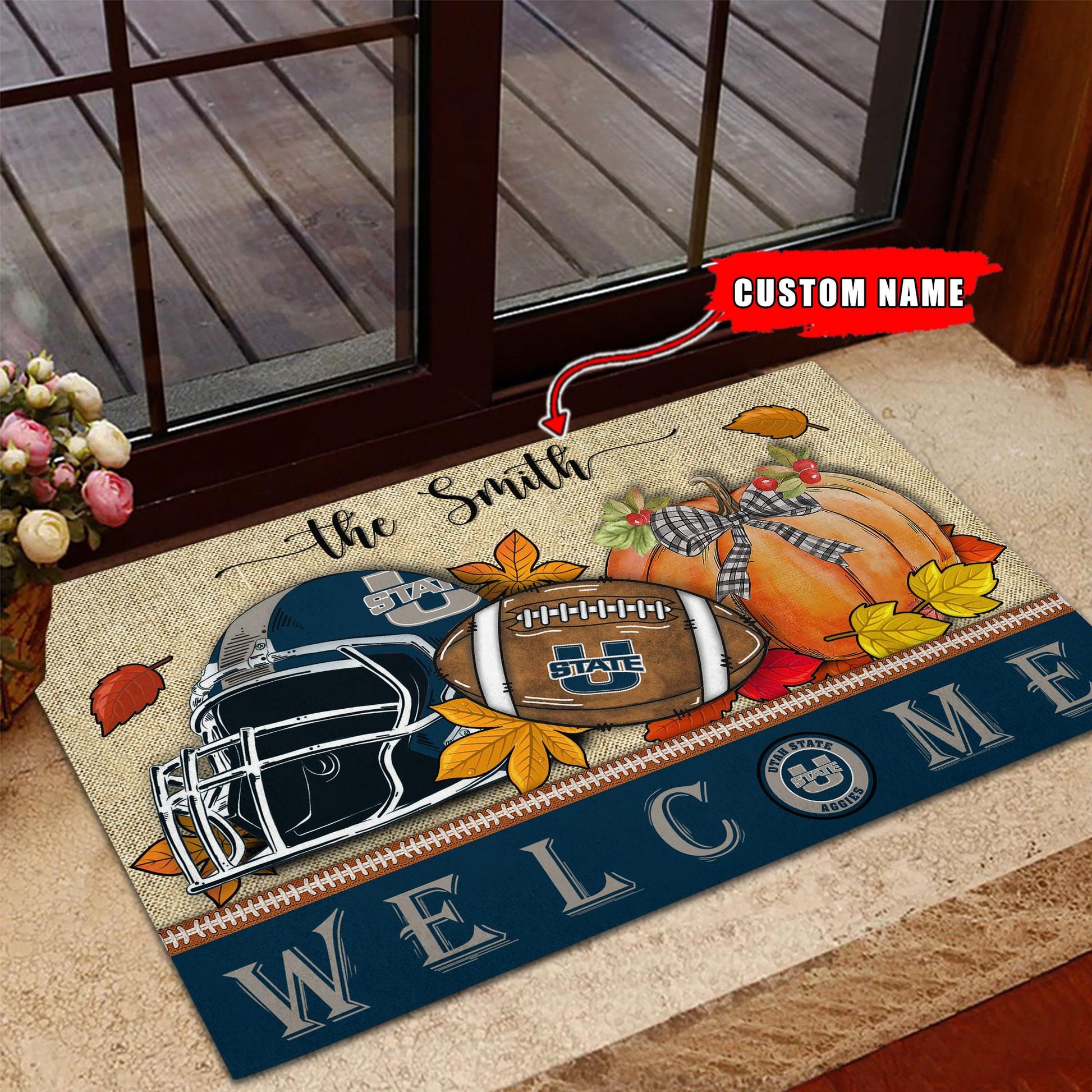 NCAA72-Utah State Aggies Welcome Fall Football Doormat - Custom name