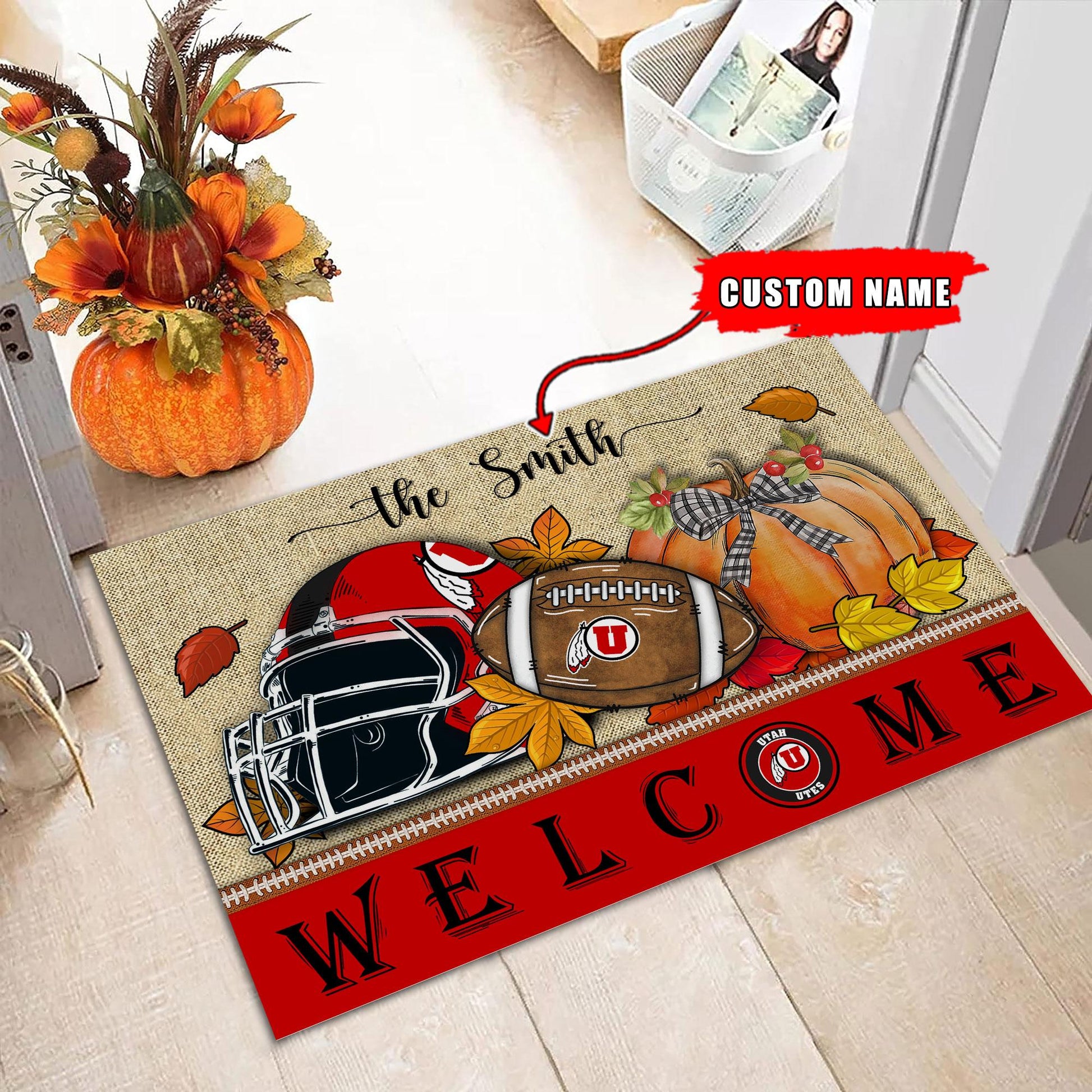 NCAA73-Utah Utes Welcome Fall Football Doormat - Custom name