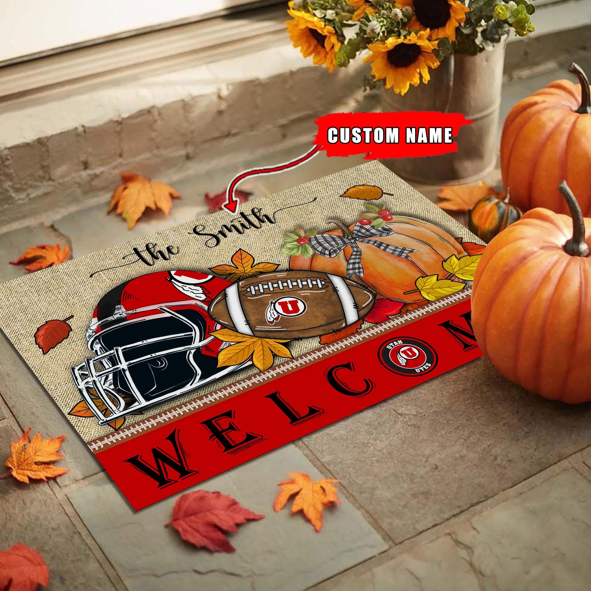 NCAA73-Utah Utes Welcome Fall Football Doormat - Custom name