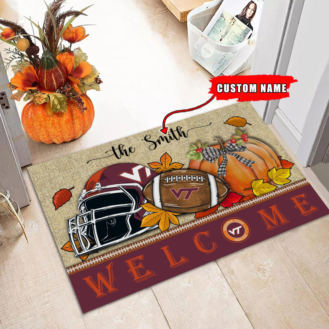 NCAA76-Virginia Tech Hokie Welcome Fall Football Doormat - Custom name