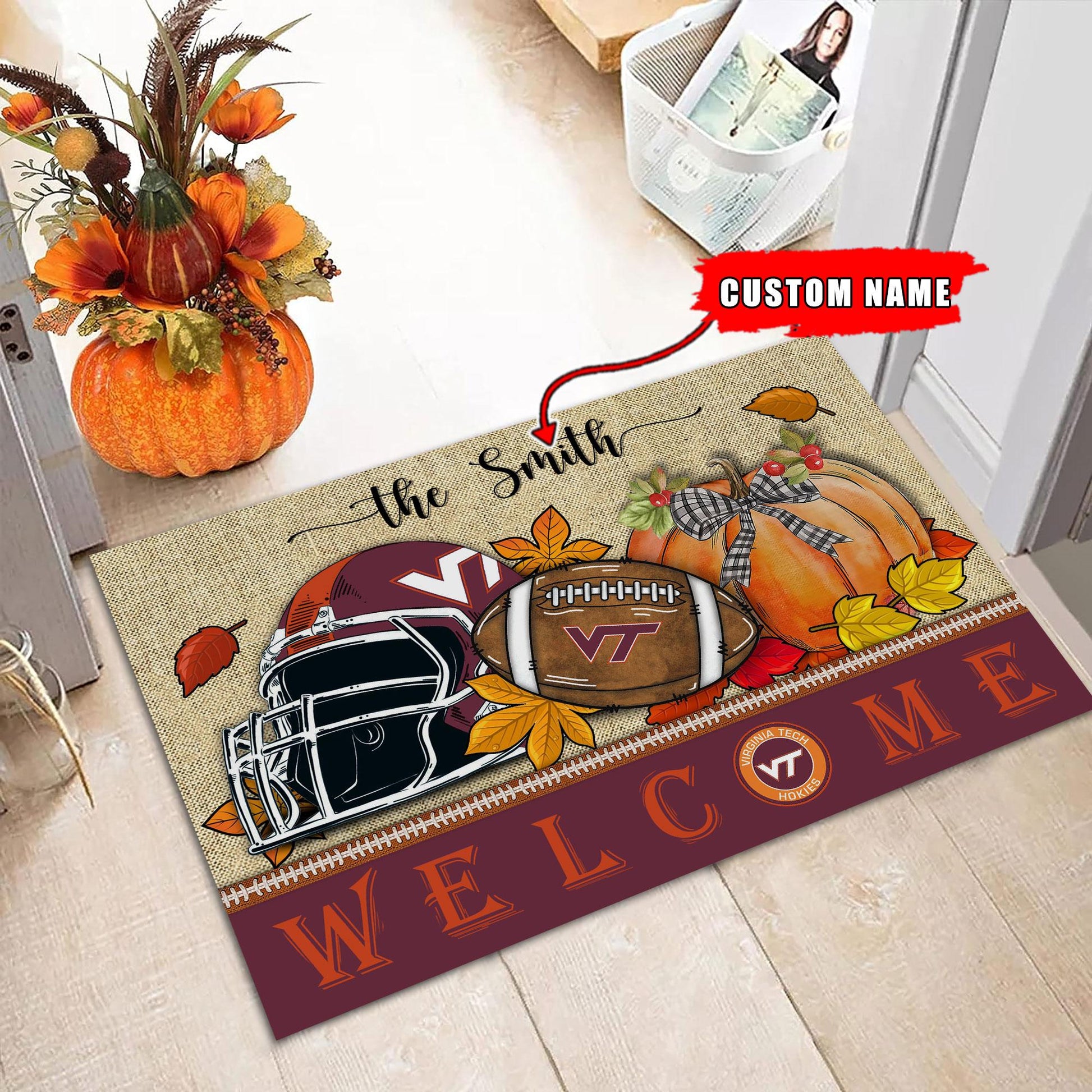 NCAA76-Virginia Tech Hokie Welcome Fall Football Doormat - Custom name