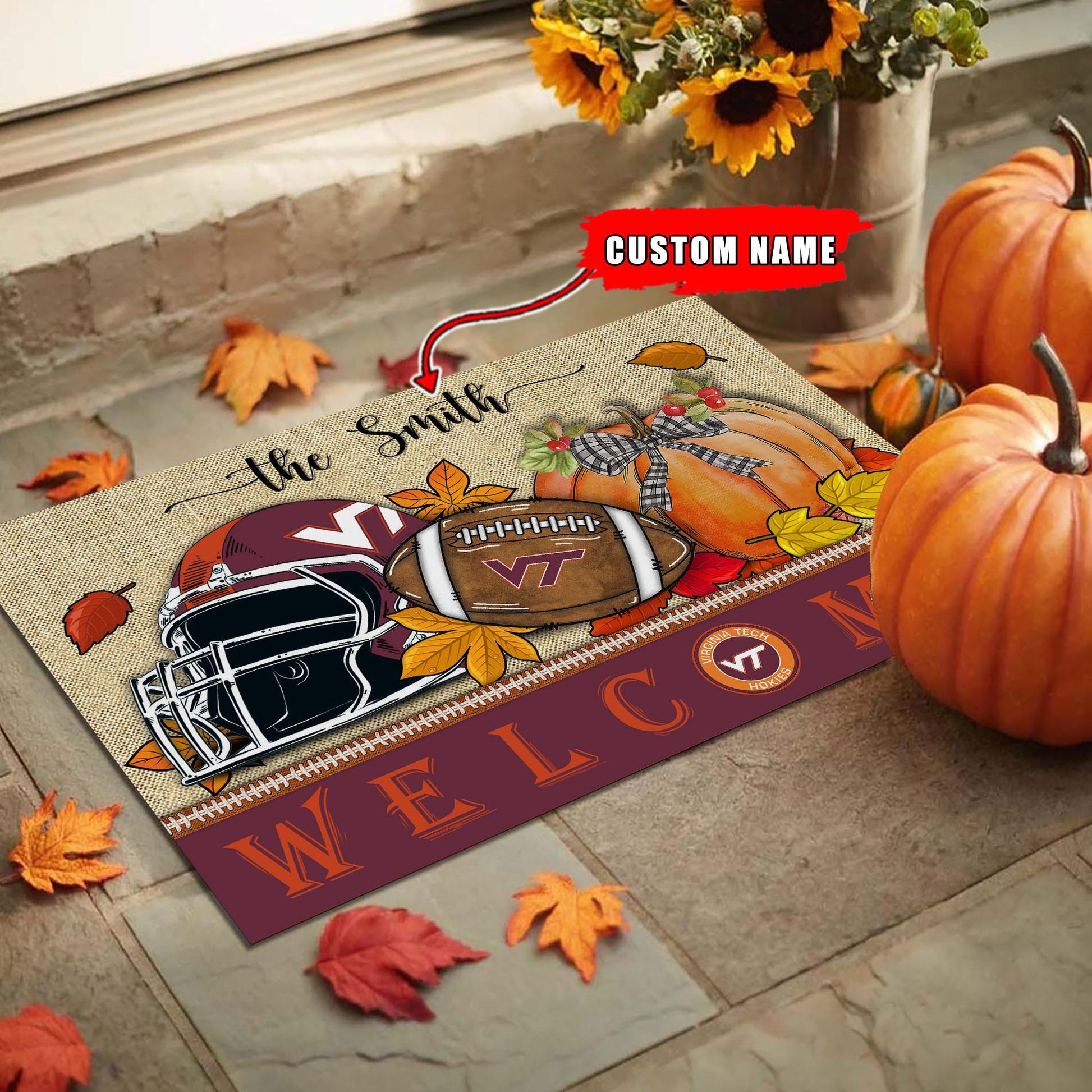 NCAA76-Virginia Tech Hokie Welcome Fall Football Doormat - Custom name