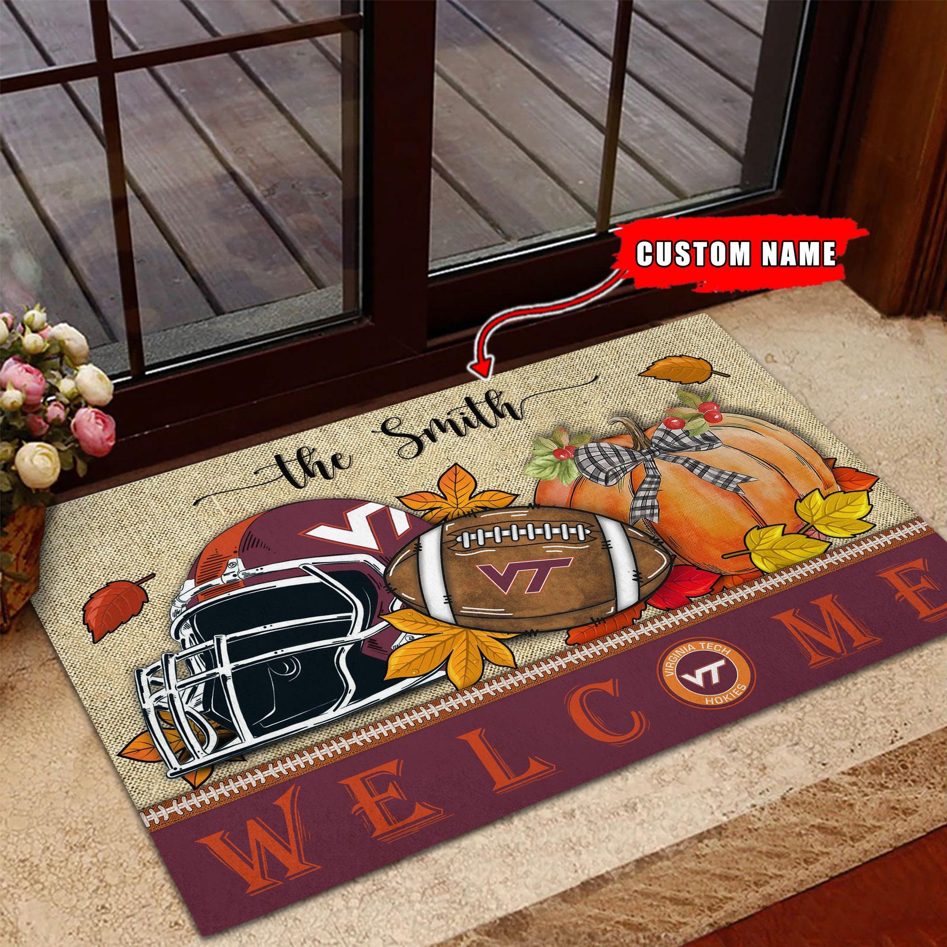 NCAA76-Virginia Tech Hokie Welcome Fall Football Doormat - Custom name