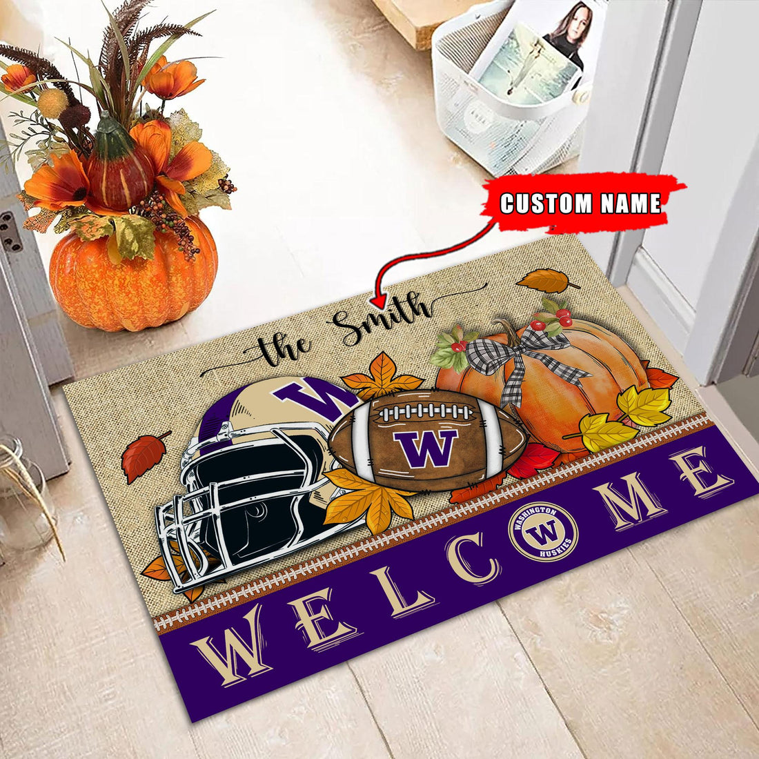 NCAA78-Washington Huskies Welcome Fall Football Doormat - Custom name