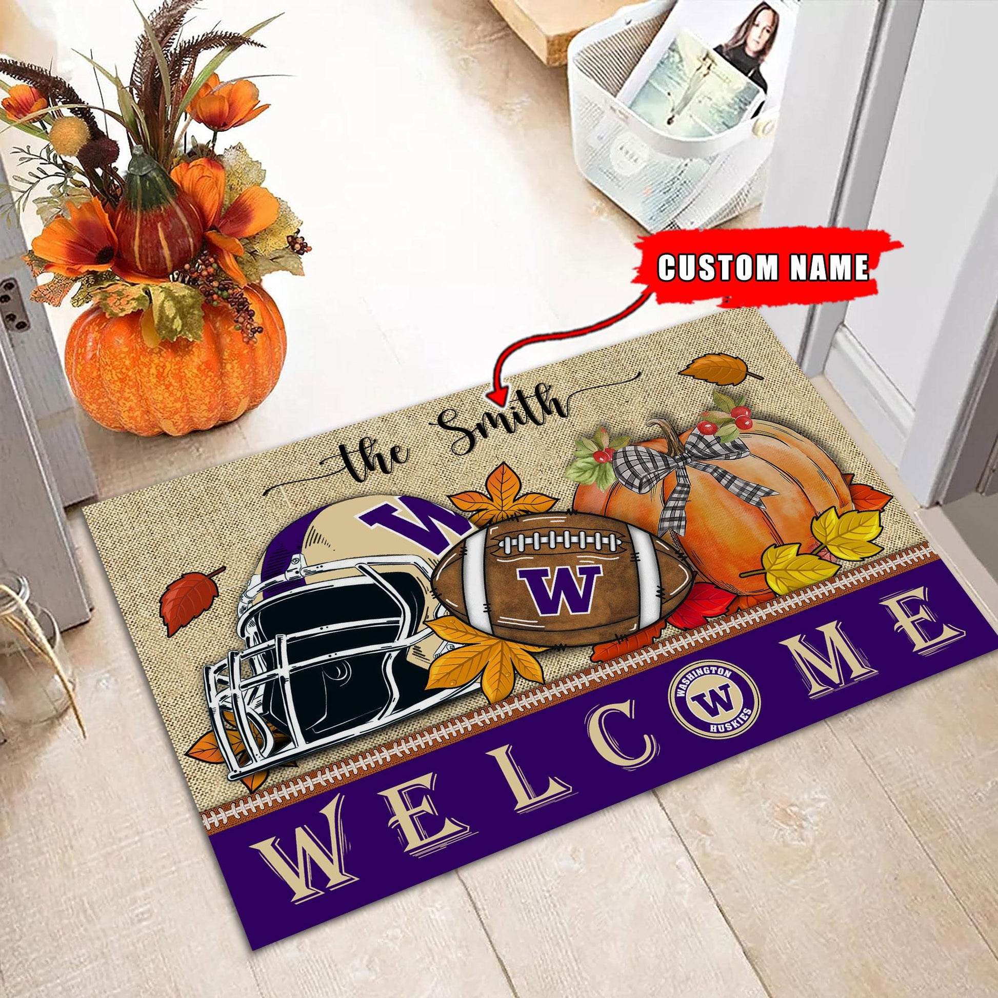 NCAA78-Washington Huskies Welcome Fall Football Doormat - Custom name