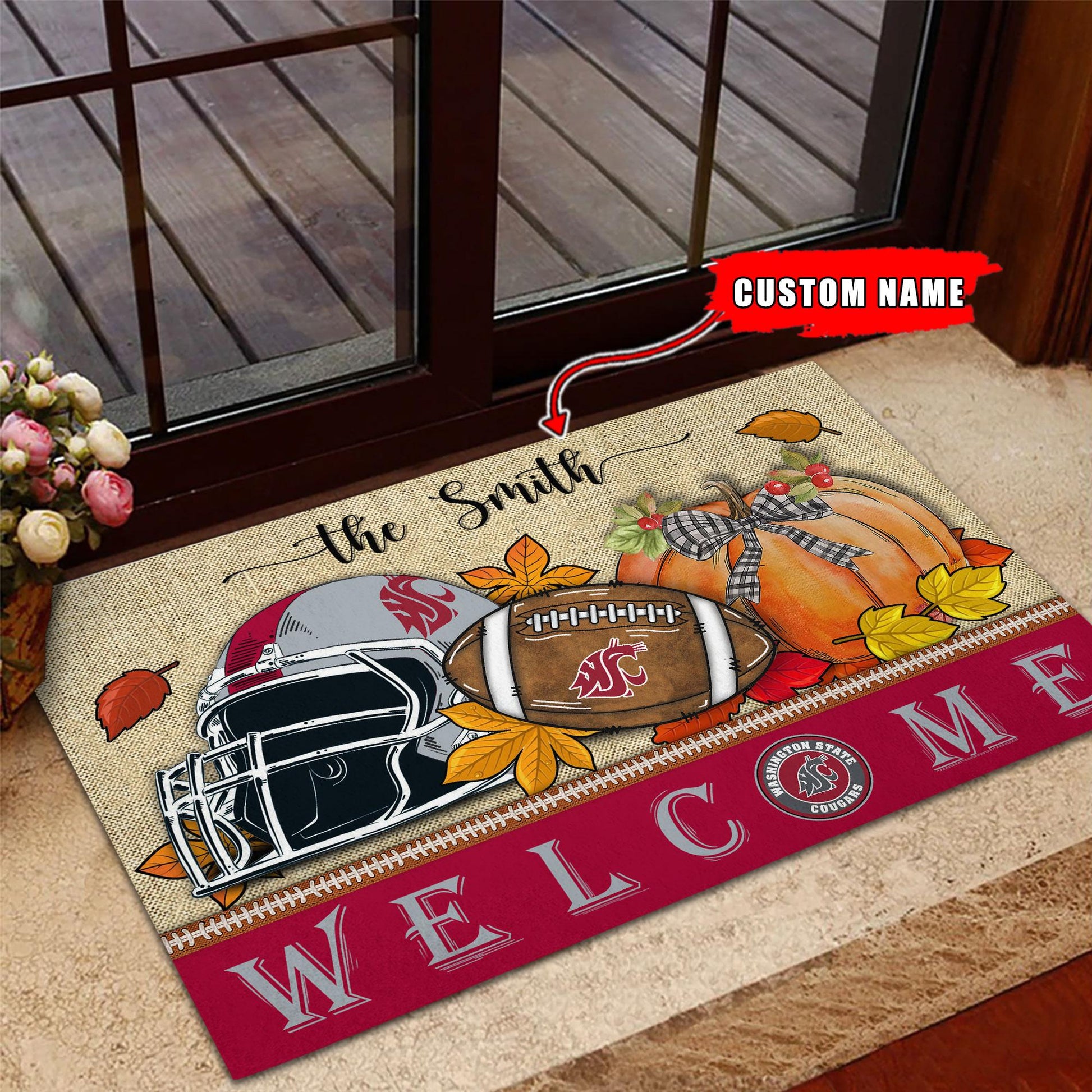 NCAA79-Washington State Cougars Welcome Fall Football Doormat - Custom name