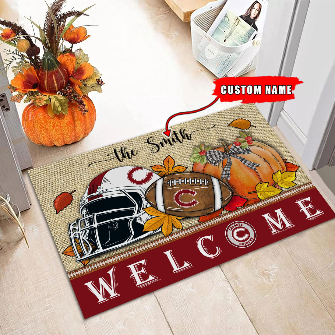 NCAA80-Colgate Raiders Welcome Fall Football Doormat - Custom name