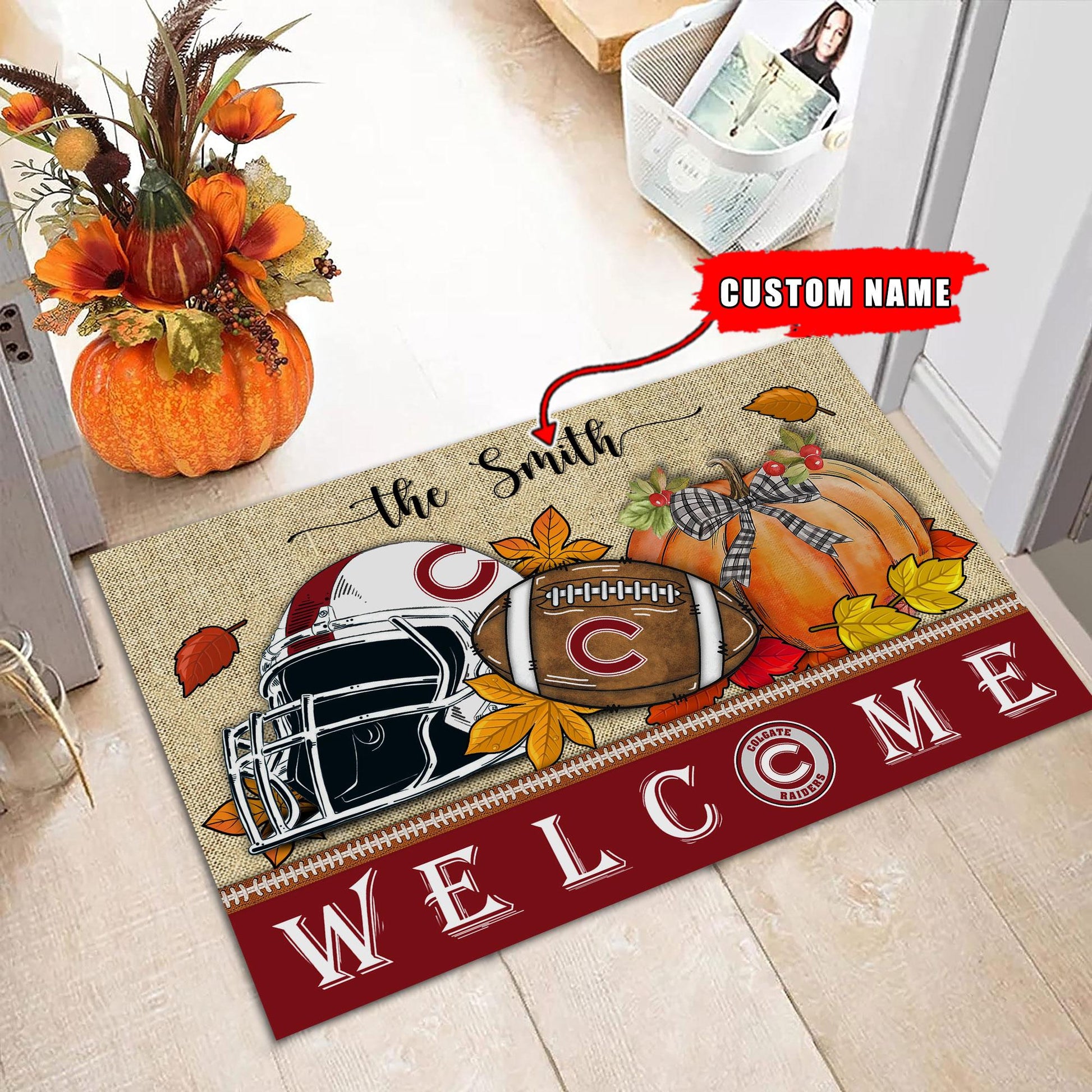 NCAA80-Colgate Raiders Welcome Fall Football Doormat - Custom name