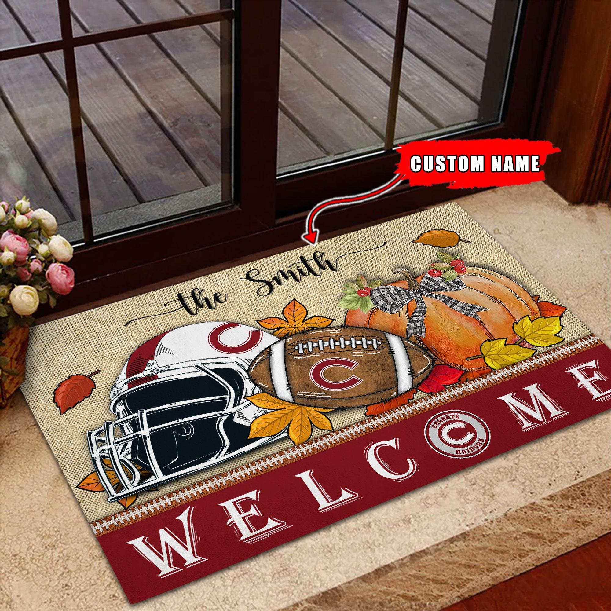 NCAA80-Colgate Raiders Welcome Fall Football Doormat - Custom name