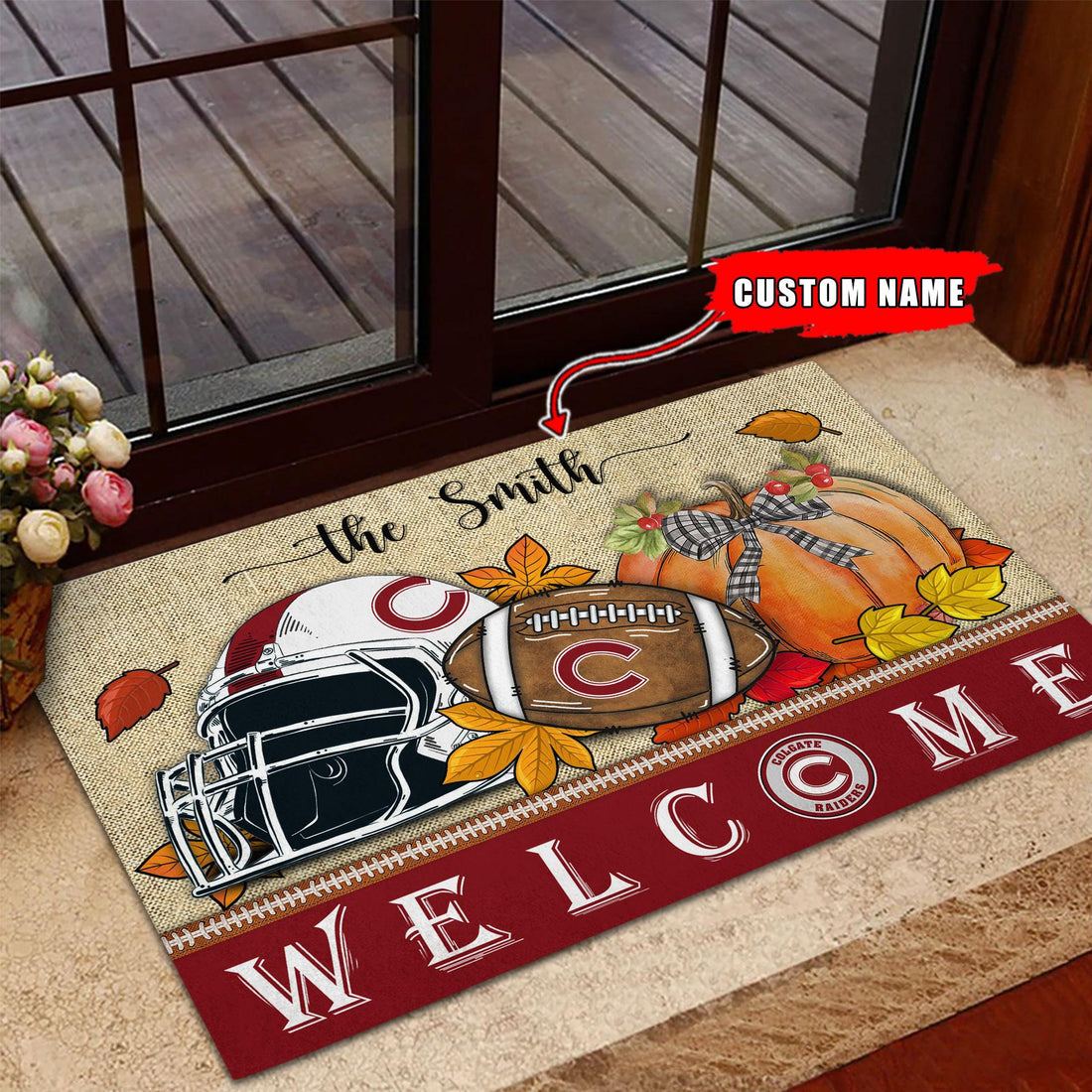 NCAA80-Colgate Raiders Welcome Fall Football Doormat - Custom name