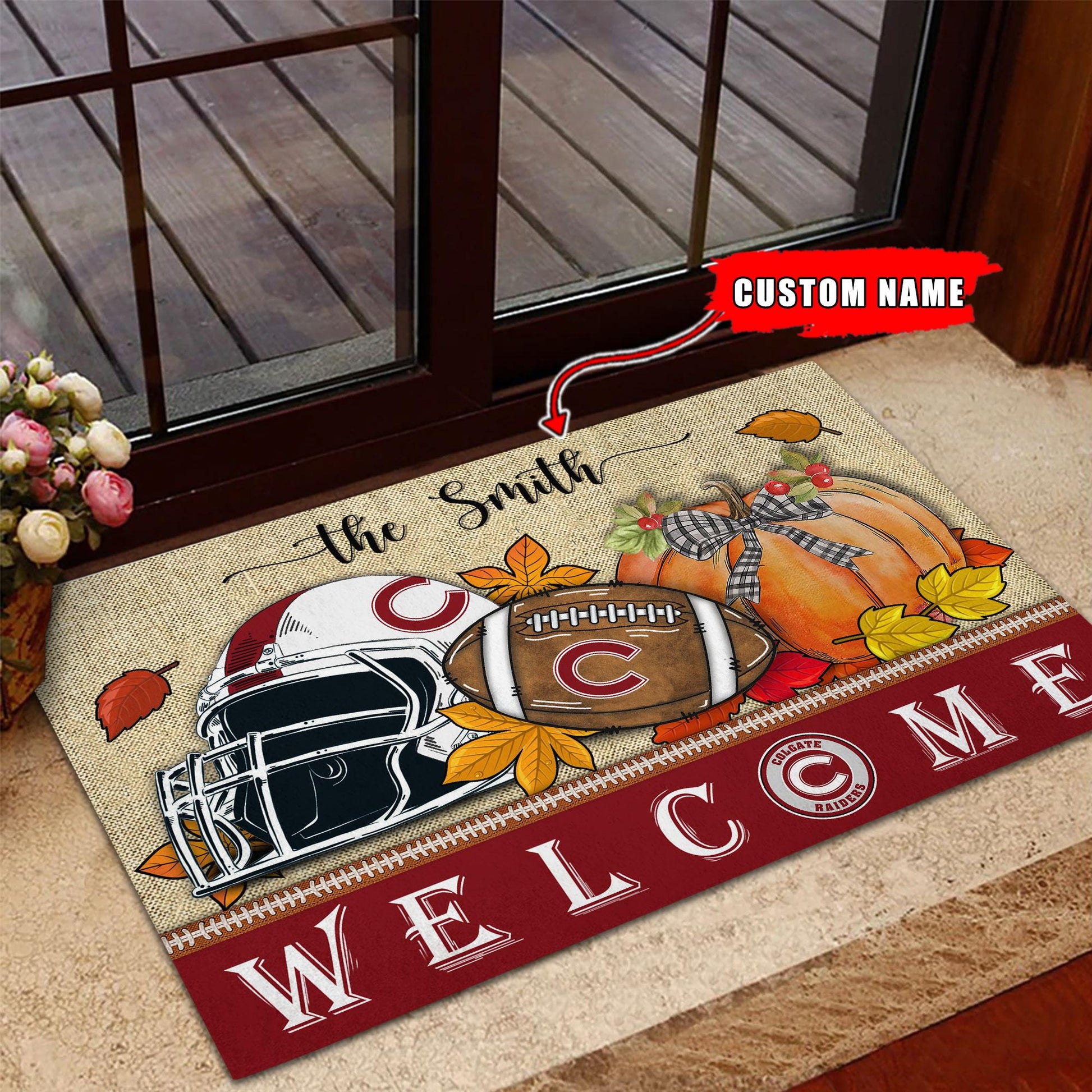 NCAA80-Colgate Raiders Welcome Fall Football Doormat - Custom name